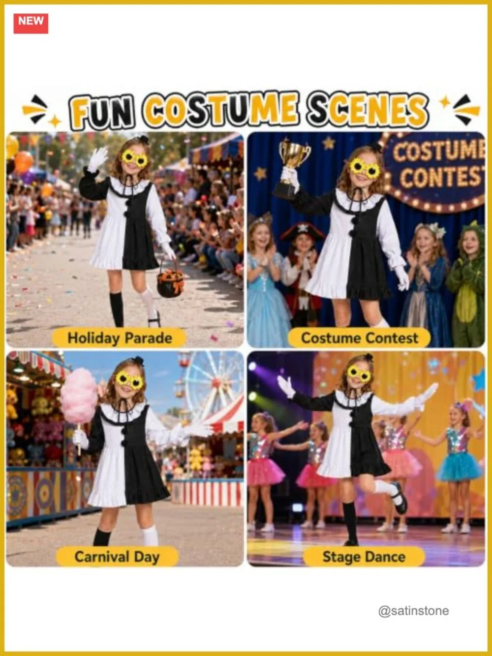 Girls Art Clown Costume Black White Halloween Dress 6-Piece Set